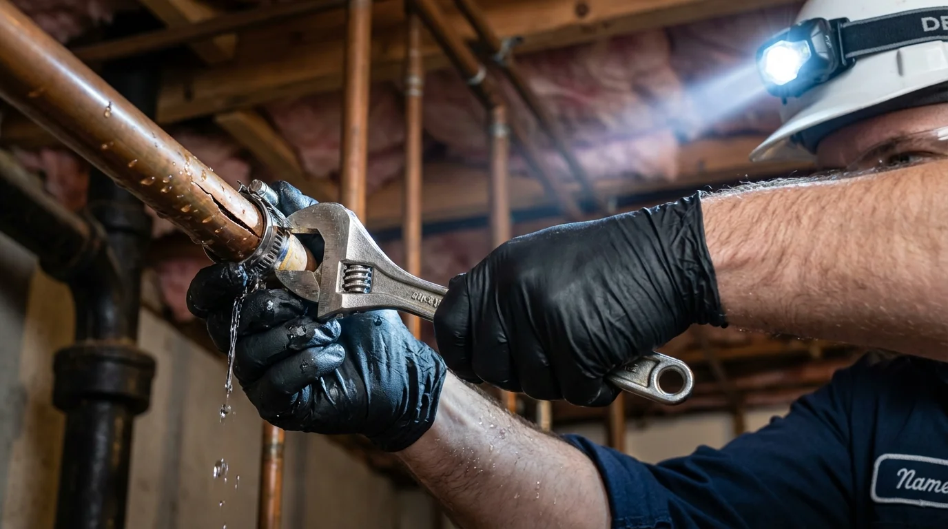 Emergency pipe clamp repair being performed by a Johns Plumbing LLC plumber in Woods Cross