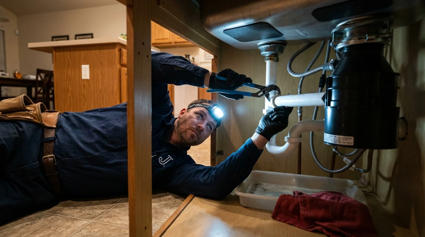 P-trap and supply line connections under a kitchen sink showing a common leak point in Woods Cross, UT